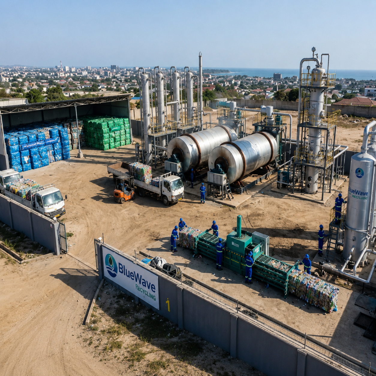 BlueWave Tanzania recycling facility overlooking Dar es Salaam and the Indian Ocean
